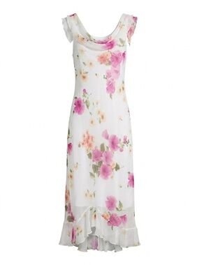 Giorgio Fiorelli White Floral Midi Dress with Pink & Peach Blooms